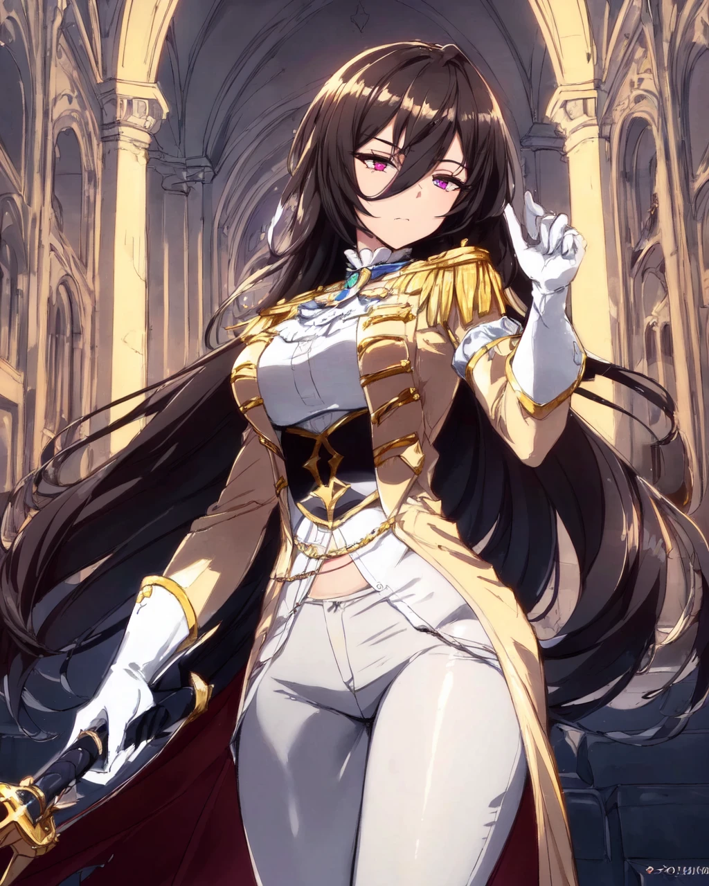 <lora:e7 Celine5:0.8> e7 Celine, burgundy eyes,
at a royal palace,
(masterpiece), best quality, highres, 4k, 8k, Detailed Illustration, intricate detail, cinematic lighting, amazing quality, 1girl, fit female, amazing shading, soft lighting, facing camera, perfect eyes