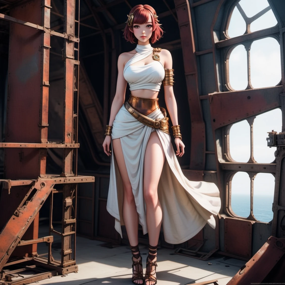 fullbody  image of a girl wearing a fantasy_ toga,<lora:fantasy_toga_sdxl_v1.3:1>,derelict airship, torn canvas, rusted frame, remnants of a bygone era , Iulian from Romania, short spiky hairstyle [maroon:.4] hair