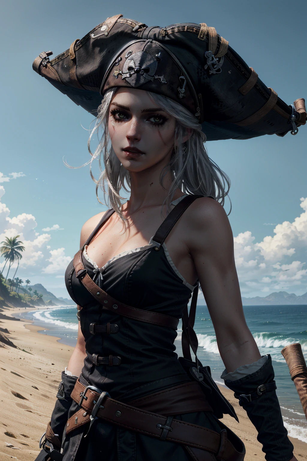 (masterpiece, best quality:1.2)
CiriWitcher, 1girl, solo, at the beach, (black pirate hat, black pirate dress:1.4)
<lora:CiriWitcher:0.9>