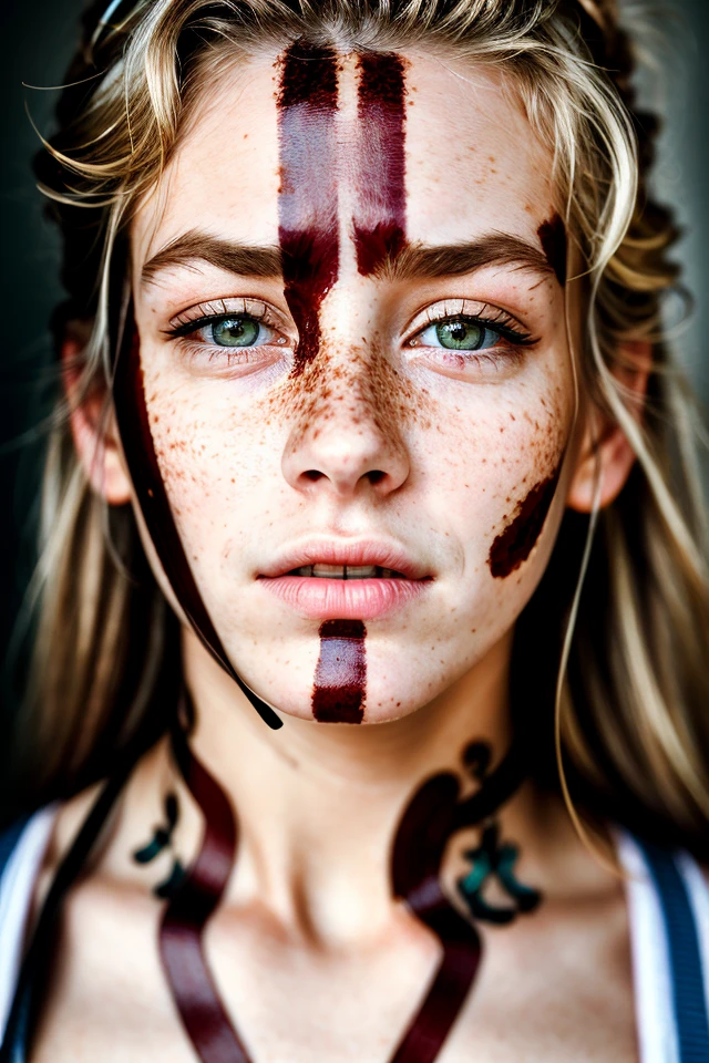 (film grain), (Close-up portrait), open mouth, 8k RAW photo, highest quality, upper body portrait, ((best quality)), sfw, A Woman 18 years old, blonde hair, freckles, pale imperfect skin, cinematic epic, insanely detailed, ((masterpiece)), absurdres, HDR, <lyco:Evangeline Lilly:0.9>
