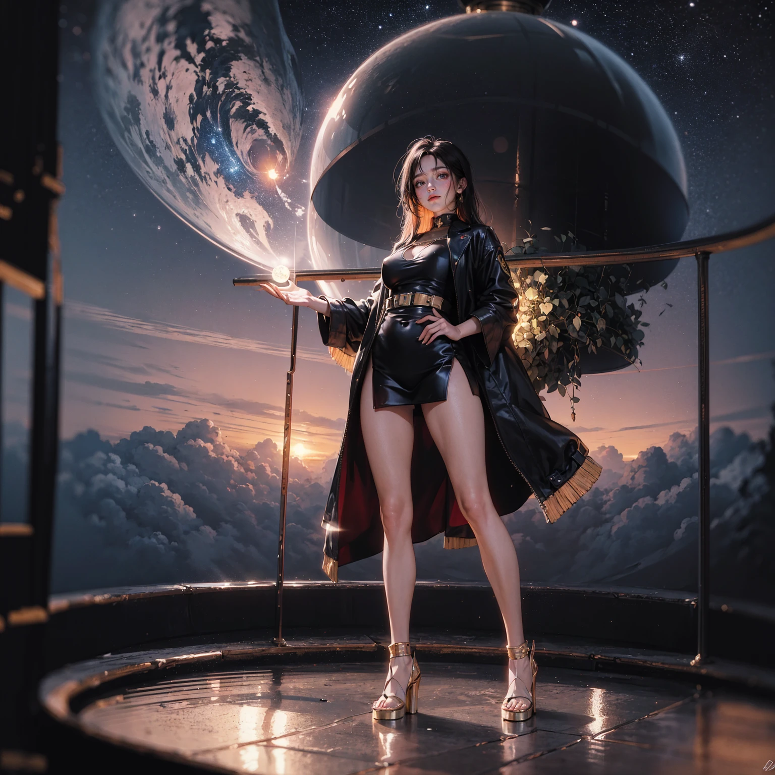 (masterpiece, best quality),(depth of field),(1girl,solo),standing,looking at viewer,shiny skin,full body,
Floating Observatory: A magnificent observatory suspended high above the clouds,providing an unparalleled view of celestial phenomena and distant galaxies,with starlit platforms and glass domes that immerse visitors in the wonders of the cosmos.,