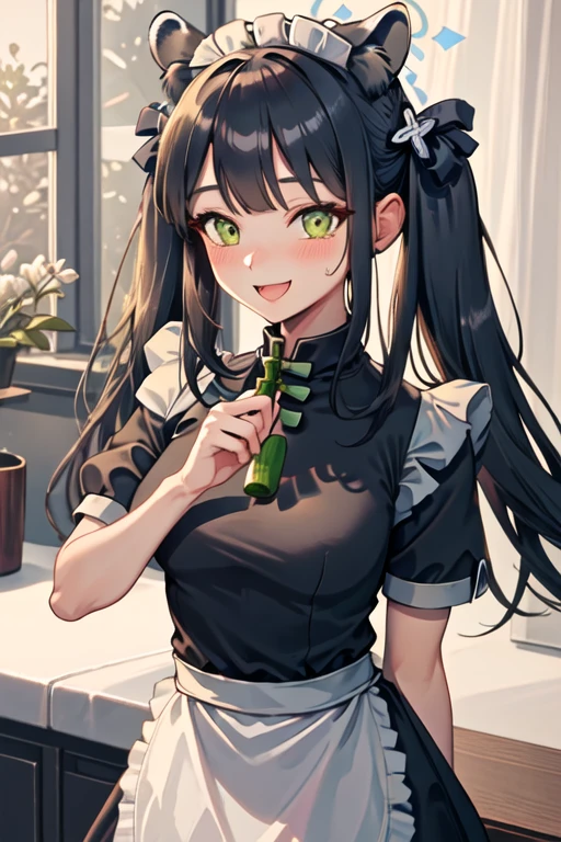 best quality, masterpiece, highres, solo, {maid:1.40}, {long maid dress:1.15}, {shun_bluearchive:1.15}, animal_ears, black_hair, bangs, long_hair, green_eyes, tiger_ears, animal_ear_fluff, blush, halo, smile, twintails, tiger_girl, open_mouth, hair_ornament