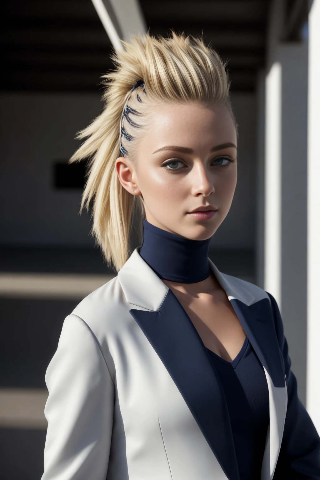 masterpiece, best quality, intricate details, highly detailed raw photography, photorealism, photorealistic, soft focus, Real-Time Ray Tracing, cinematic lighting, large-scale, 8k-perfect-octane, from behind
exotic young girl, caucasian, natural blonde mohawk, Navy Blue sport coat, green eyes, lying on back, perpendicular to the camera, perfect sharp eyes, sharp focus
lunar base with people in the background