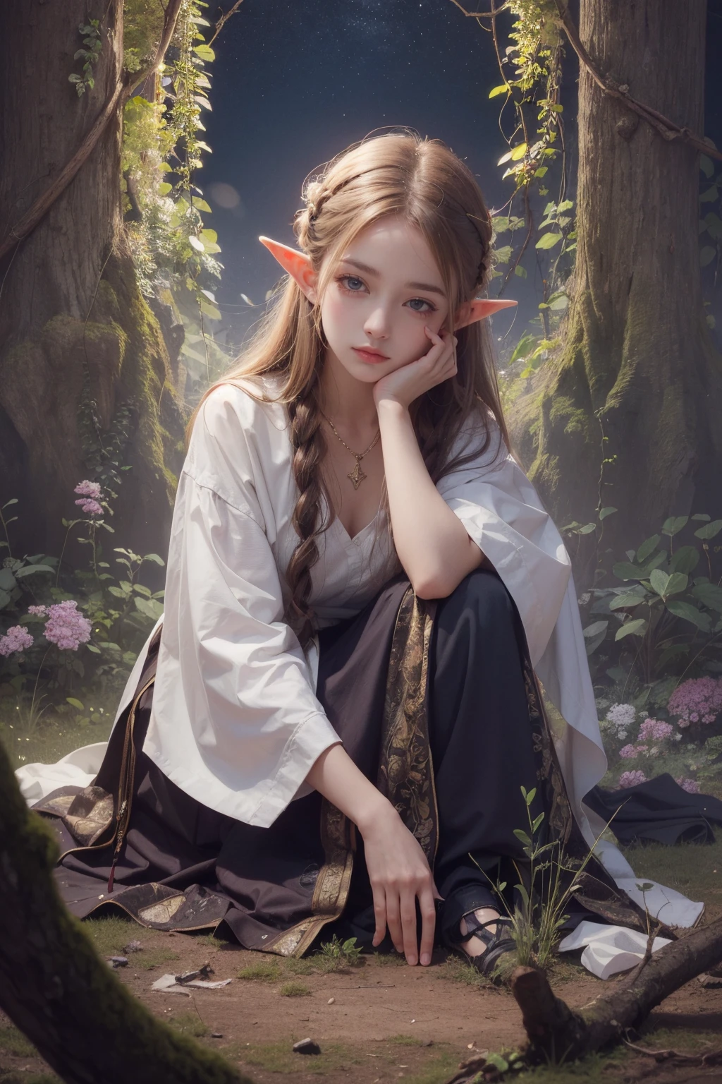 1girl,a weak girl,upper body,elf,sitting on branch,night,soft light,full body,sad,face up,hand supported,magic forest,luminous tree of life,