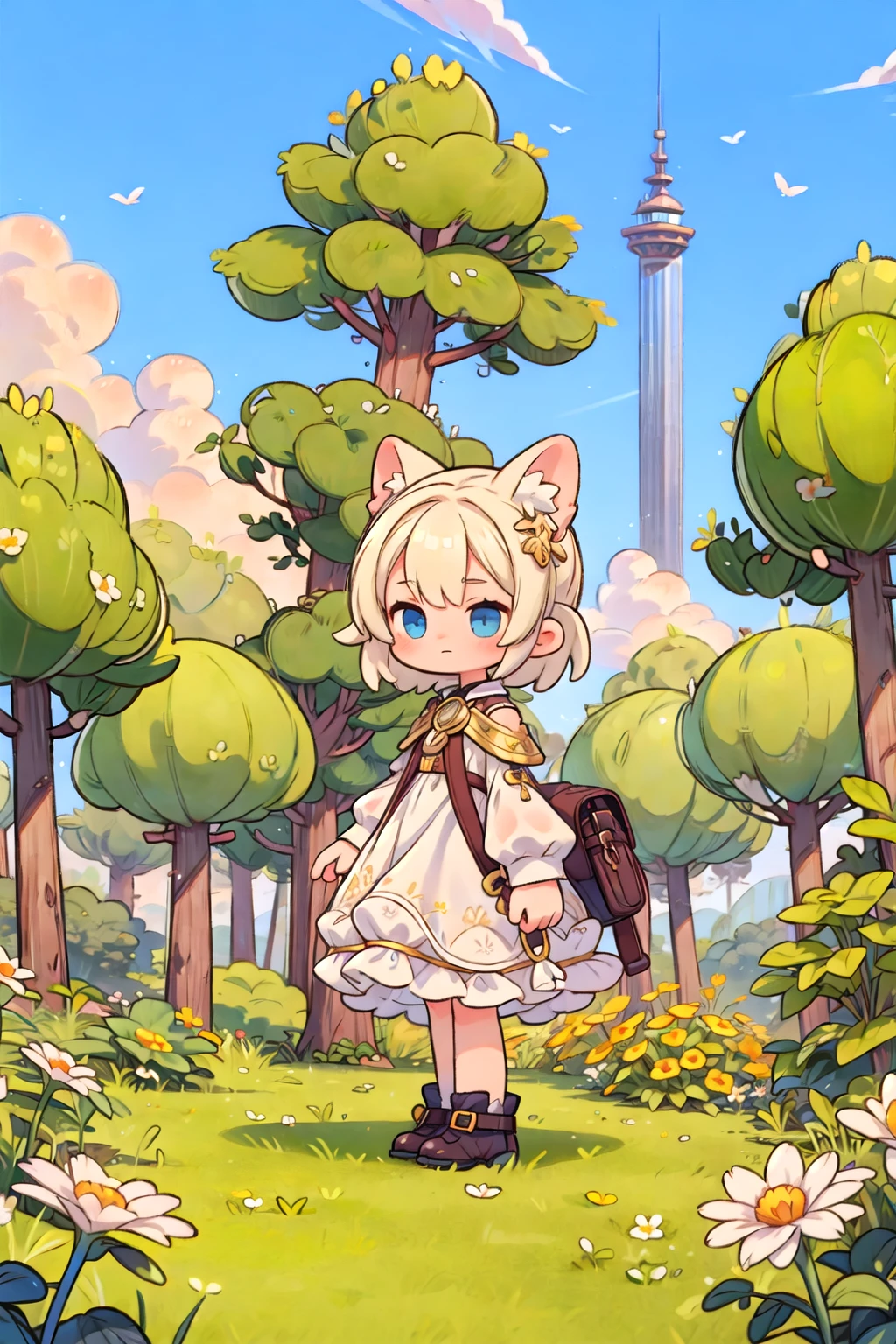 1girl,  cloudy sky,  dress,  fantasy,  flower,  forest,  grass,  scenery