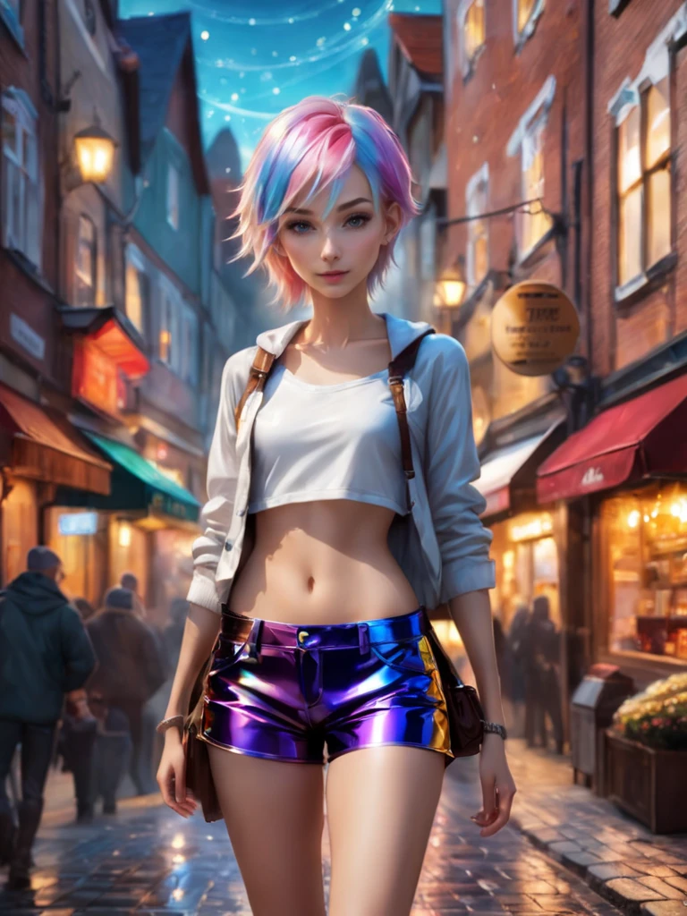 intricately detailed rpg style art of, a beautiful slim skinny northern European female with 2 colored hair wearing shiny vinyl low rise mini box shorts, <lora:ClearHand-V2:1>, <lora:diffbrushSDXL:1>