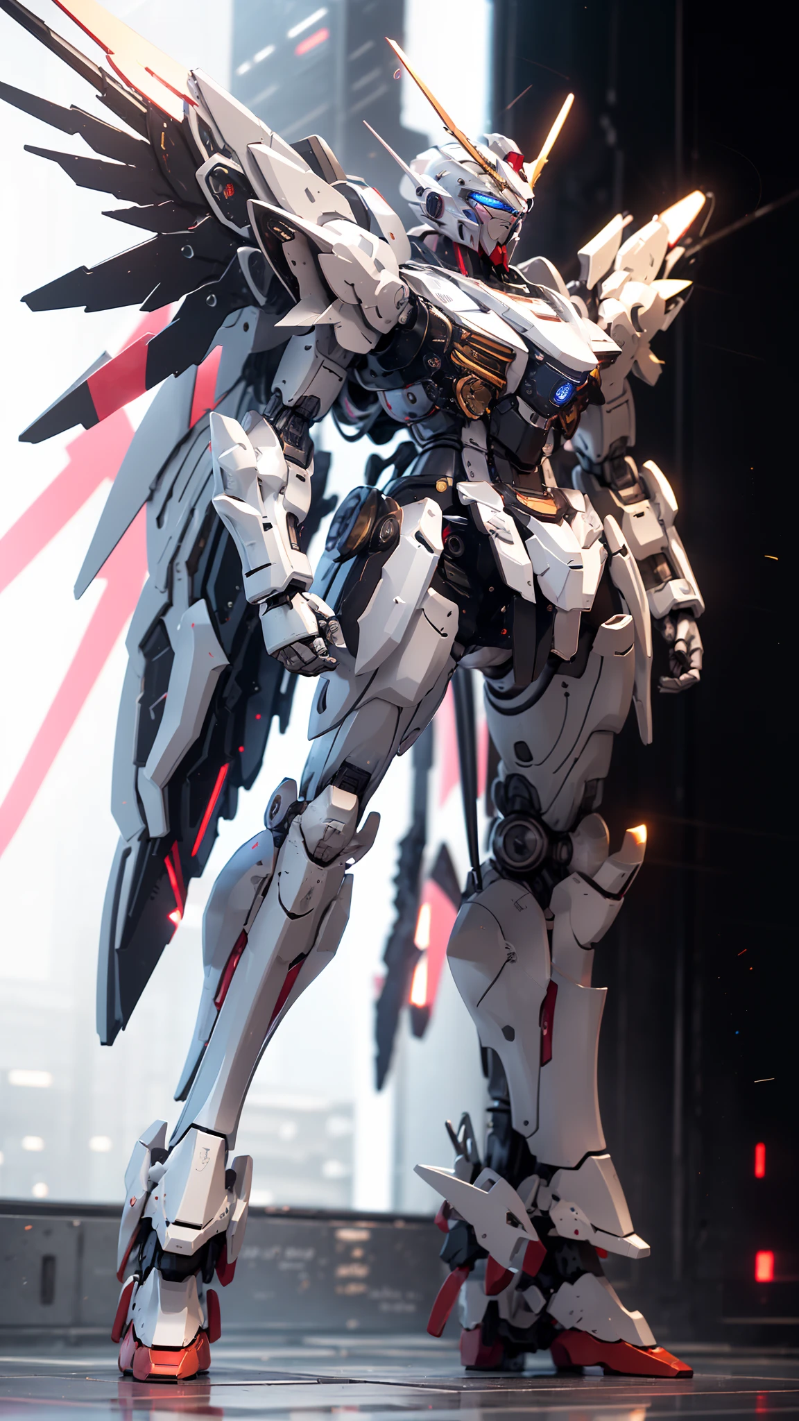 BJ_Gundam,solo,wings,standing,no_humans,glowing,robot,mecha,clenched_hands,science_fiction,looking_ahead,
cinematic lighting,strong contrast,high level of detail,Best quality,masterpiece,White background,<lora:Gundam_Mecha_v3.5(4440):0.7>,