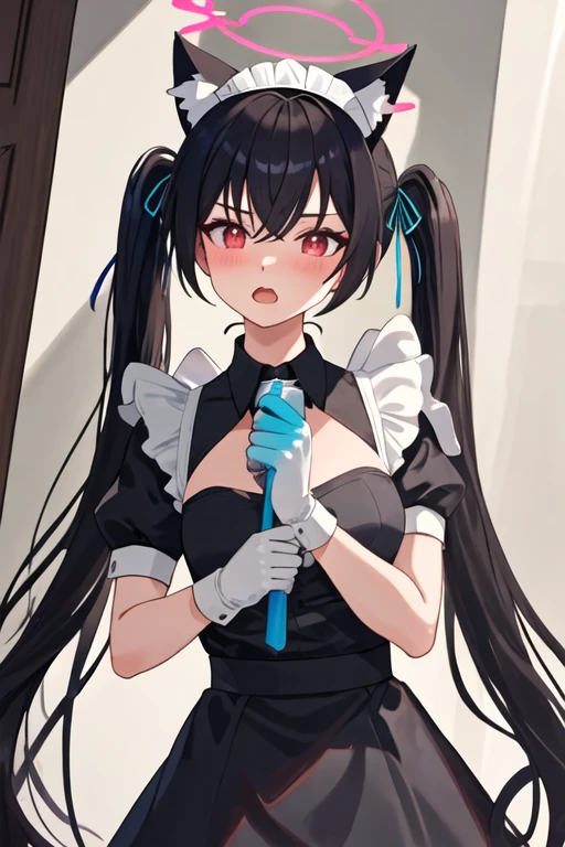 best quality, masterpiece, highres, solo, {maid:1.40}, {long maid dress:1.15}, {serika_bluearchive:1.15}, animal_ears, black_hair, animal_ear_fluff, long_hair, cat_ears, red_eyes, bangs, halo, blush, twintails, ribbon, hair_ribbon, open_mouth, swimsuit, bikini, black_bikini, breasts, hair_between_eyes, very_long_hair