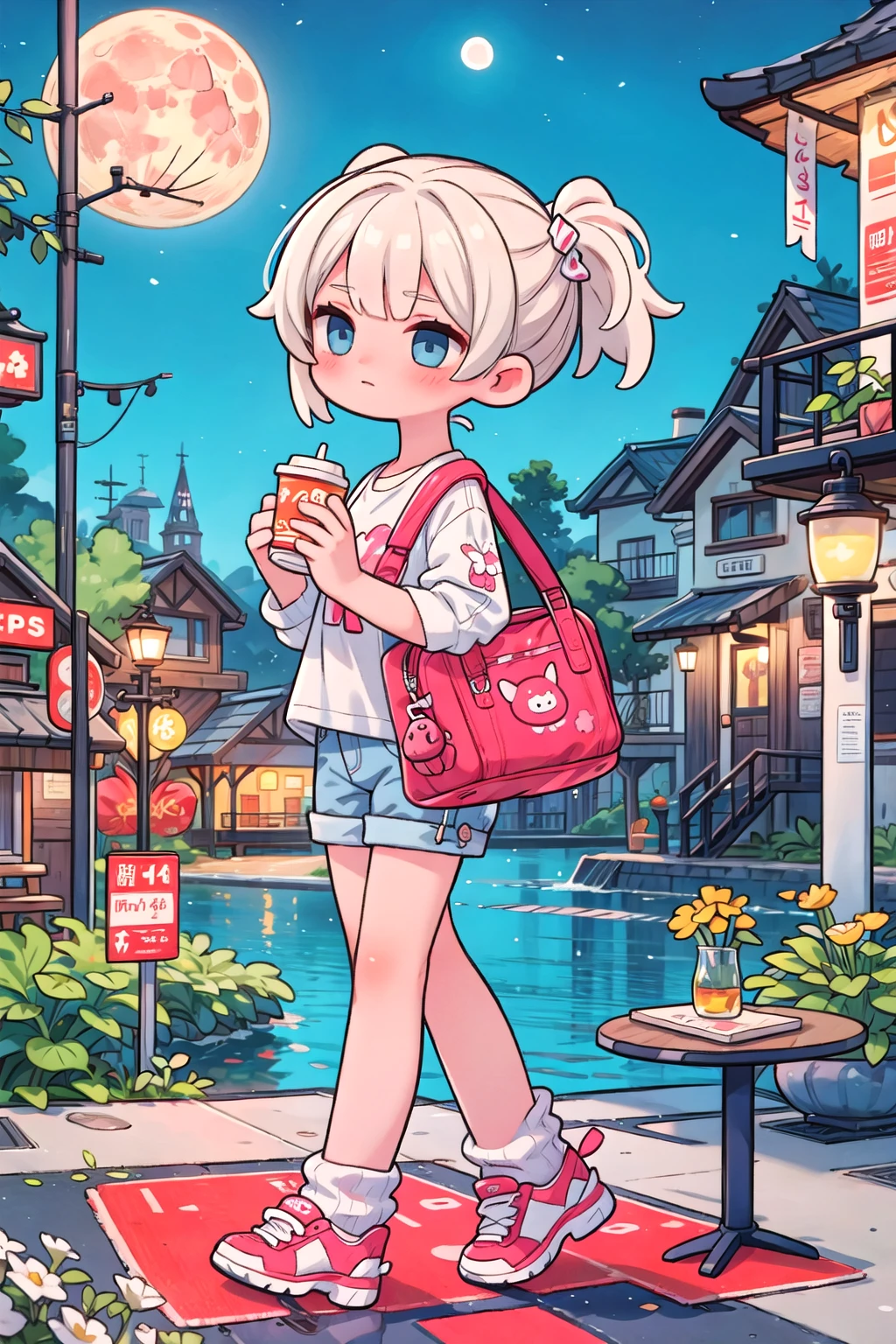 1girl, park, casual, city lights, night, full moon