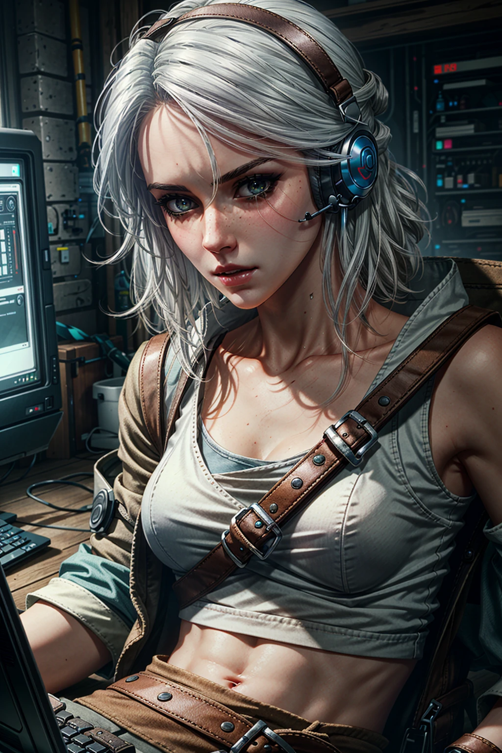 (masterpiece, best quality:1.2)
CiriWitcher, 1girl, upper body, as a cyberpunk hacker, surrounded by hacking tools, computer, white crop top, headset, futuristic
<lora:epi_noiseoffset2:1>, <lora:add_detail:0.5> <lora:CiriWitcher:0.7>