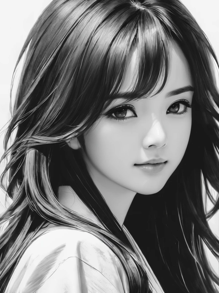 ((masterpiece:1.2, best quality)), 1lady, solo, Smug, monochrome, black and white, portrait, serafuku, , traditional media, long hair, (background white:1.1)