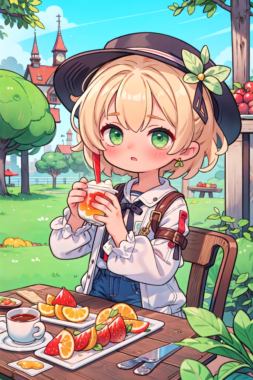 girl, park, casual, cup, fantasy, food, fruit, green eyes, hand on table, hat