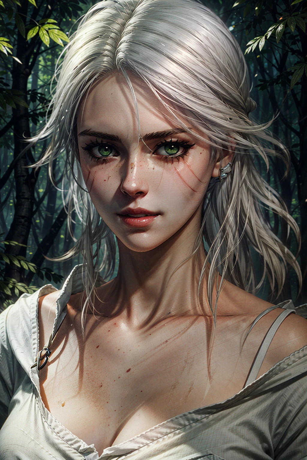 (masterpiece, best quality:1.2)
CiriWitcher, 1girl, upper body portrait, white shirt, green eyes, scar on face, shy smile, forest, glowing orbs
<lora:epi_noiseoffset2:1>, <lora:add_detail:0.7>  <lora:CiriWitcher:0.8>