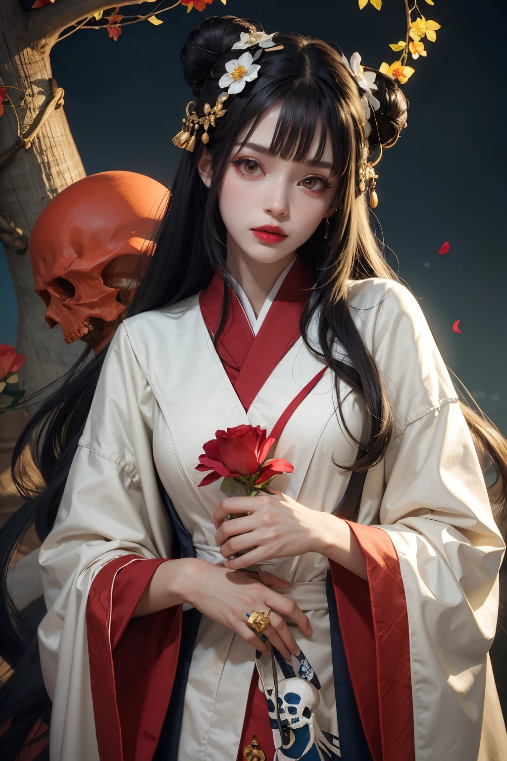 1girl,black hair,skull,hair ornament,solo,looking at viewer,long hair,bangs,red lips,flower,parted lips,long sleeves,hair flower,wide sleeves,tree,hair bun,makeup,lips,blunt bangs,<lora:PAseerSytxJourney:0.7>, horror,dark theme,monster boy,monster girl,sytx,yinjian,