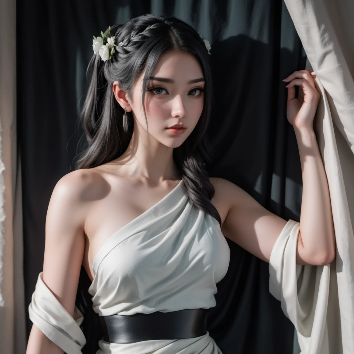 Mathea from Austria, medium (shoulder-length:1.2) wild [blue-black:.3] hair, fullbody  image of a girl wearing a fantasy_ toga, <lora:fantasy_toga_sdxl:1>,post-apocalyptic theater, crumbling stage, torn curtains, fading artistry