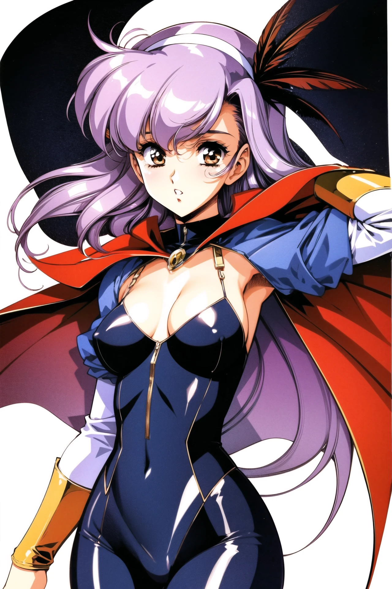 1girl, solo, purple hair, hairband, feathers, white background, brown eyes, retro artstyle, breasts, cape, bodysuit, simple background, 1990s (style), medium breasts, shiny, covered navel, long hair, shiny clothes, looking at viewer, parted lips, skin tight, puffy sleeves, <lora:Urushihara Satoshi_v3:0.8>