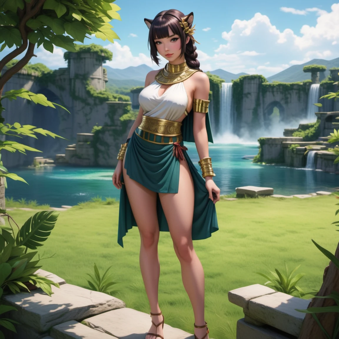 fullbody  image of a girl wearing a fantasy_ toga,<lora:fantasy_toga_sdxl_v1.3:1>,feral wildlife preserve, overgrown enclosures, dangerous beasts, untamed nature , Dominika from Slovakia, medium (shoulder-length:1.2) twintails [blue-black:.3] hair