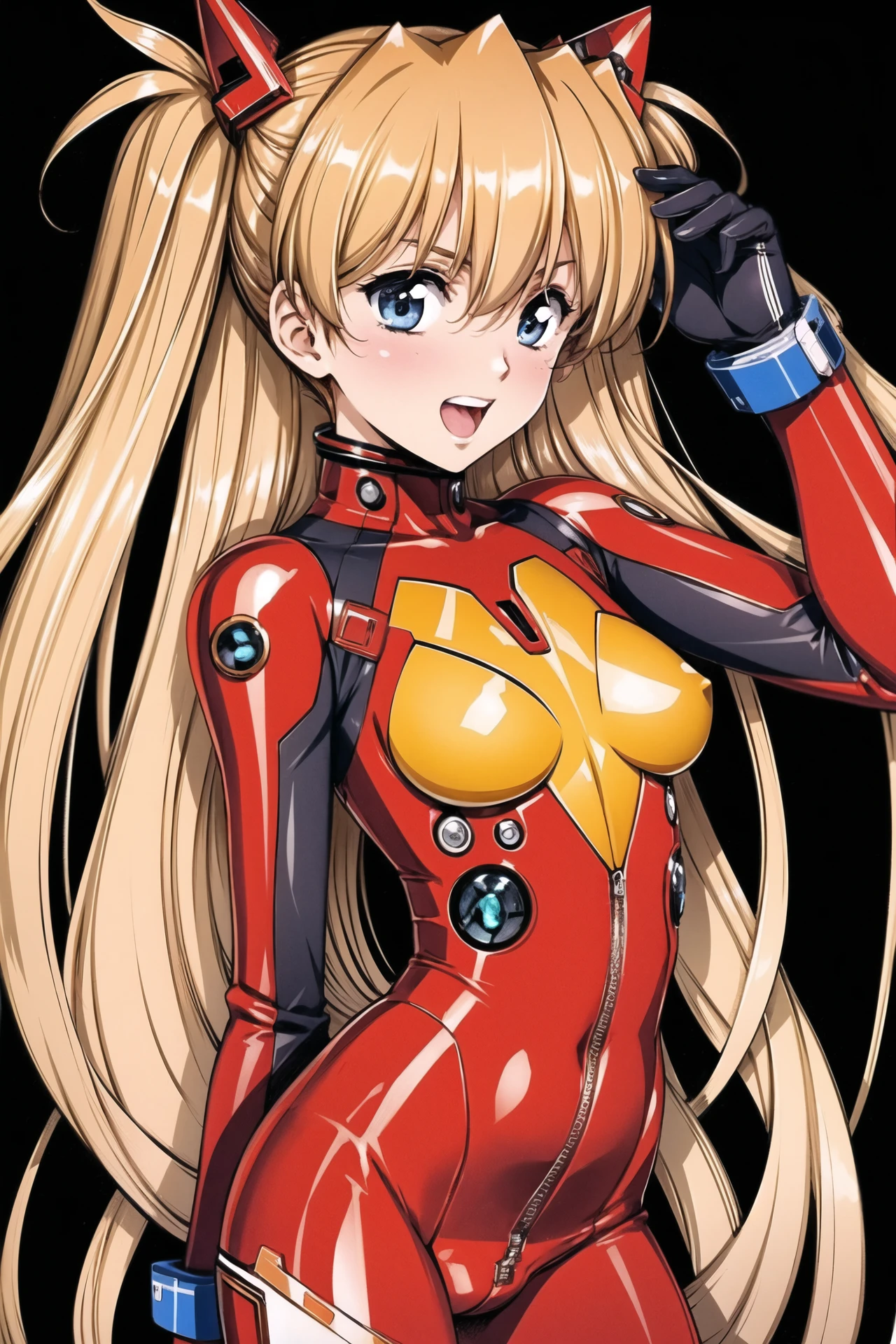 1girl, long hair, plugsuit, bodysuit, souryuu asuka langley, pilot suit, bracer, blue eyes, smile, open mouth, breasts, bangs, turtleneck, solo, cowboy shot, :d, hair between eyes, gloves, (red bodysuit:1.5), small breasts,looking at viewer, headgear, two side up, hand on hip, skinny, adjusting hair, narrow waist, standing, brown hair, science fiction,hand up, shiny clothes, hair ornament, happy, from side, shiny, skin tight, (simple background:1.5), (black background:1.5),<lora:Urushihara Satoshi_v3:0.8>