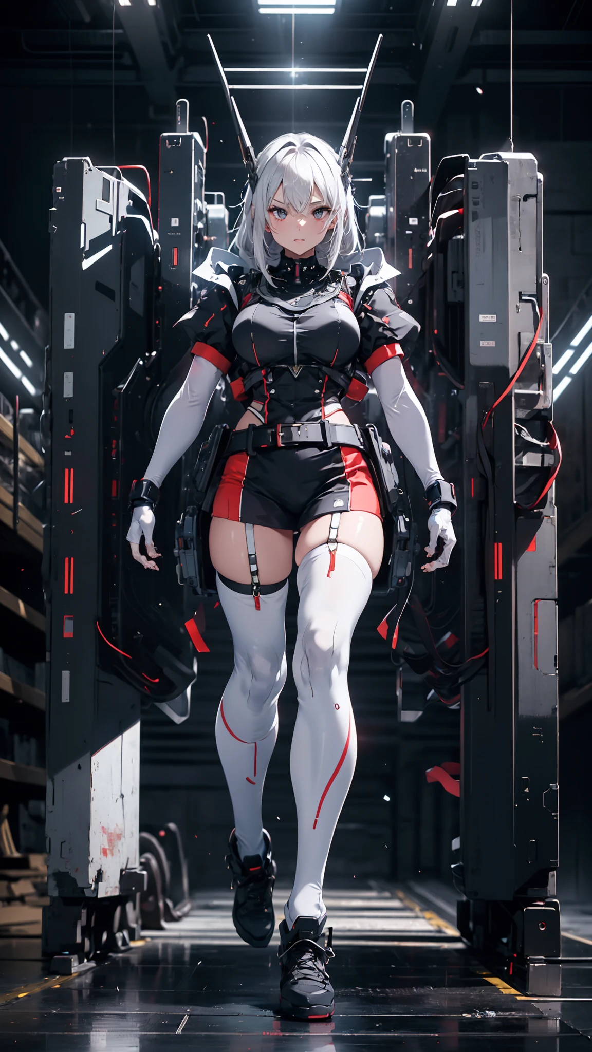 ((1 cyborg )),((different types of breasts, biomechanical breasts, biomechanical pussy)),giving a blowjob on a machine,((nipple fuck)),((urethral insertion)),standing with raised to the tall one, ((different types of short hair, red eyes)), a factory, at night,