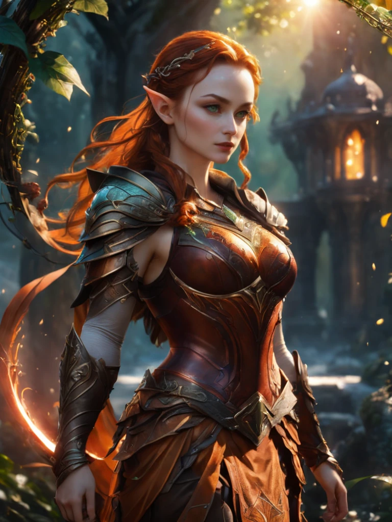 highly detailed, 4k, Wood Elf Ranger, (Female:1.5), Graceful and Lithe (Athletic Build:1.5), Emerald Eyes (Vibrant:1.5), Auburn Hair (Flowing:1.5), Coppery Silk, Leaf-Shaped Ornaments, Delicately Pointed Nose, Soft Rose Lips, Freckles (Subtle:1.25), Leather Armor (Vine Patterns:1.5), Calloused Hands, Long and Short Bows, Finely Crafted Shortsword, Fluid Grace in Movement, Harmony with Nature, (Sun-Kissed Skin:1.25), Keen Intelligence in Eyes, Engravings (Delicate:1.25), Connection to Wilderness, (Silent Footfalls:1.25), Harmonious Form, Vines (Intricate:1.5), Expertly Crafted Appearance, realistic, photo, film grain, dramatic lighting,, (gothic art style), highly detailed, evil alien overlord, furious:3, dynamic posture:2, high tech armor (glowing bright red and orange), facial expression, 32K, UHD, HDR, cinematic, cinematic image, intricate details, ultra-realism, dystopian palace, luxurious atmosphere, ultra-detailed, 32K, stunning image, IMAX, cinematic, award winning photography, intricate, low aperture (f1.2), dramatic lighting, cinematic composition, award-winning, professional, by (carlos kafu bazan), vibrant, <lora:ClearHand-V2:1> , <lora:diffbrushSDXL:1>