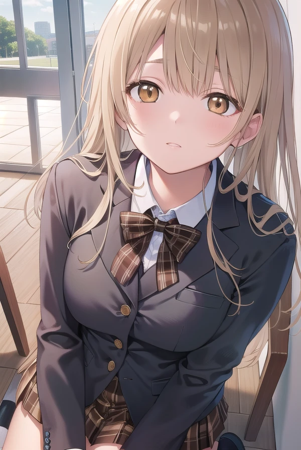 masterpiece:1.5, high quality, anzu futaba, , 1girl, black , black blazer, black mini skirt, brown cardigan, {{tareme:1.4}}, blush, missionary, (((lying, on back))), on bed, ((spread legs)), (from below), upper body, white lace panties, (pussy juice), sweat, flat chest, slim, small hip, (((slim legs))), skinny, slender, camel toe, looking at viewer, panty focus, hands on crotch