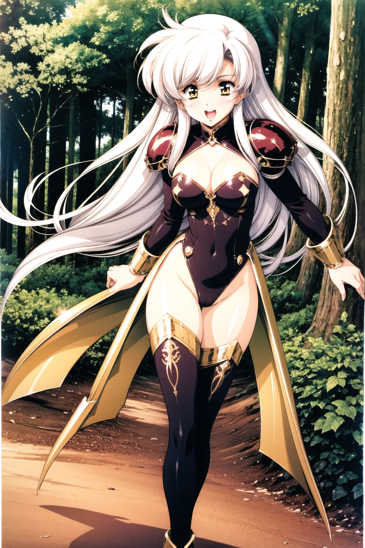 1girl, solo, thighhighs, long hair, breasts, armor, white hair, shoulder armor, open mouth, tree, leotard, pauldrons, cleavage, smile, outdoors, retro artstyle, medium breasts, black thighhighs, covered navel, yellow eyes, nature, shoulder pads, forest,<lora:Urushihara Satoshi_v3:0.8>