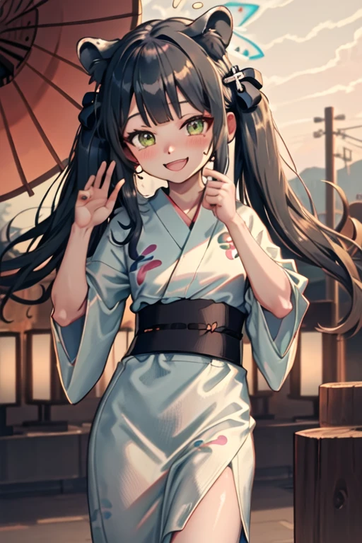 best quality, masterpiece, highres, solo, {yukata:1.40}, {kimono:1.20}, {shun_bluearchive:1.15}, animal_ears, black_hair, bangs, long_hair, green_eyes, tiger_ears, animal_ear_fluff, blush, halo, smile, twintails, tiger_girl, open_mouth, hair_ornament