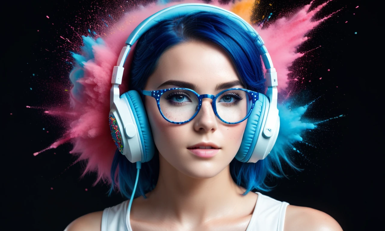 concept art <lora:FF-surreal-XL--tx-PagedNewFA--v0236.lora:1> photo of beautiful woman, blue hair and blue glasses, freckles, beautiful, Letters FF on her skin, 3d FF logo, dslr, 8k, 4k, ultrarealistic, realistic, natural skin, textured rubber latex skin, portrait of mad lady scientist, fine art fashion photography, avant garde supermodel, weird stylish avant garde epic, fashion photography, award winning fashion photo, editorial fashion photography, white cyborg fashion shotball with colored powder flying around it on a black background, soccer ball, colourful explosion, colorful explosion, color dispersion, colour splash, full colors hd, explosion of colors, colorful octane render, colorful hd picure, soccer, colourfull, an explosion of colors, colorful 4k, colorful picture, color explosion, explosive colors, color splash, a pair of pink headphones with sprinkles on them, pink headphones, pink frosted donut, headphones, headphones on, blender donut tutorial, earphones, blender donut, donut, floating headsets, red headphones, headset, with head phones, earbuds, headphones dj rave, eating a donut, with headphones, sprinkles, wearing headphones, high quality product photography, listening to music, <lora:FF.67.galaxytimemachinesGTM_xlplusV10.lora:0.69>,(by Artist Eyvind Earle:1.3),(Futurism:1.3),(Mono Color:1.3) . digital artwork, illustrative, painterly, matte painting, highly detailed