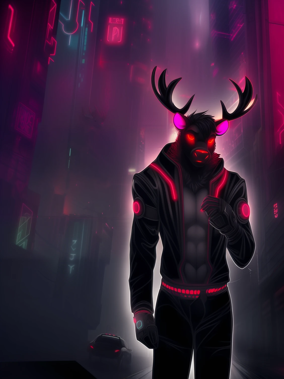 cyberpunk, portrait, male black reindeer, red neon eyes, wearing stylish [black|red] clothes standing in a city, (sunrize:1.4), road, intricate, phototealistic <lora:Scene:1> <lora:Furtastic_Detailer:-0.8>