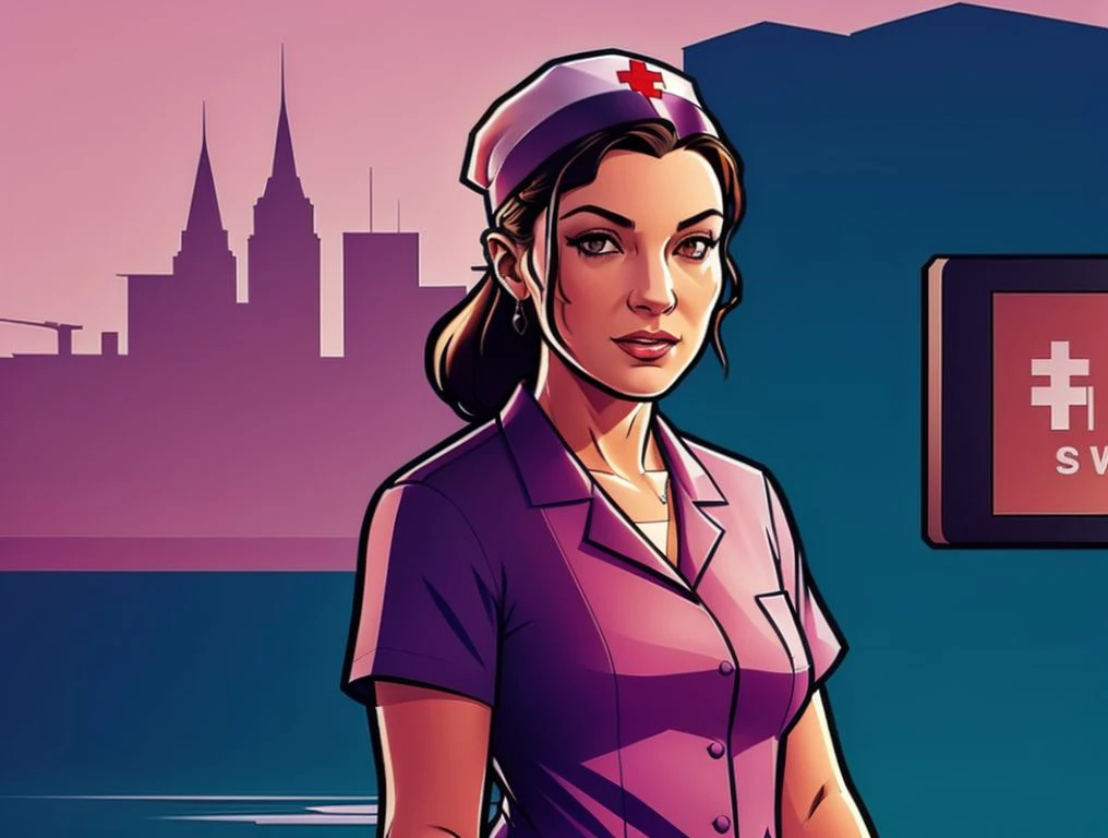 <lora:GTA_Style:0.8> comic character, a nurse with a injection