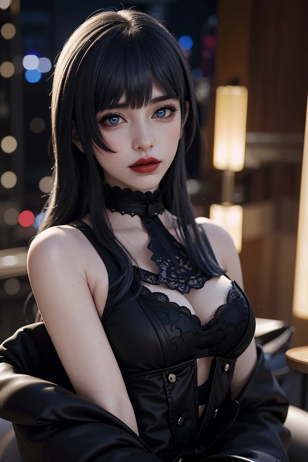 Gaia, 1girl, hyur, mature female, backlighting,pale skin, detailed shiny skin, looking at viewer, thighhighs, long hair, black hair, gothic, boots, bare shoulders, choker, black footwear, black dress, lipstick, black thighhighs, makeup, red lips, upper body, (blue eyes:1.2), bangs, blue eyeshadow, black fingernails, pale skin, depth of field, wide shot,<lora:Gaia_1.1:0.7>