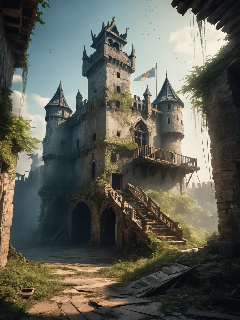 (masterpiece, best quality:1.2),a beautiful illustration of a in a post-apocalyptic crumbling castle,stuck drawbridge,weedy courtyard,dusty throne,faded tower flag.,ethereal scenery,Clamshell lighting with two softboxes (Clamshell Setup).,Tornado,Eerie,minimalistic,in the style of Huang Guangjian,cinematic,dramatic light,vibrant colors,contrasting shadows,dream-like,atmospheric