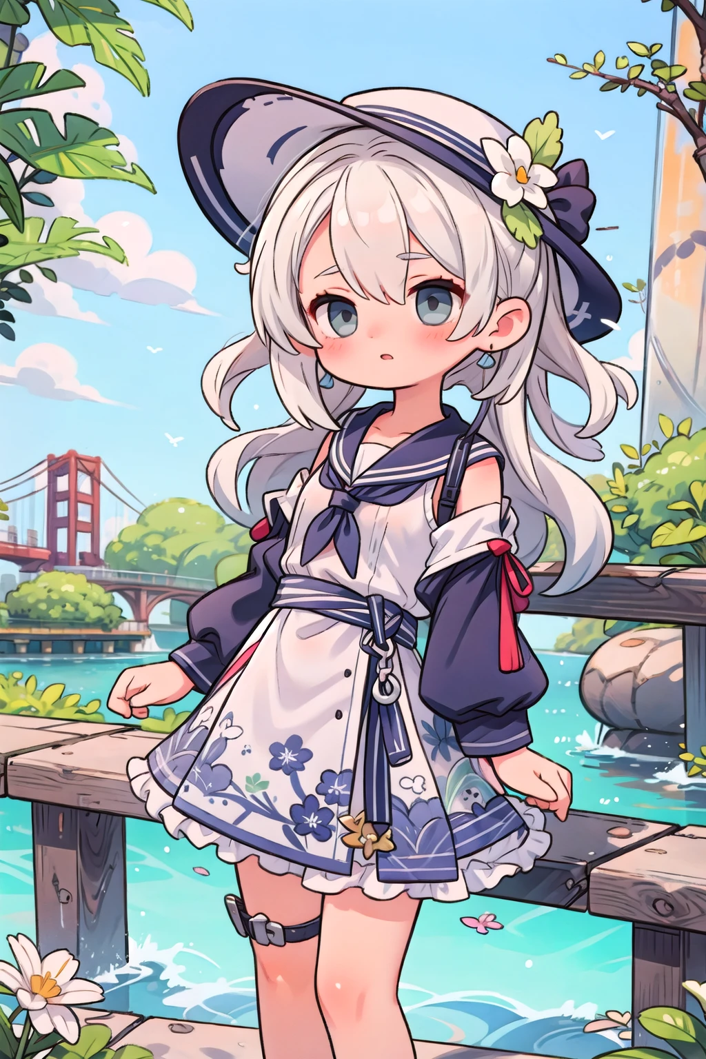 1girl, park, dress, flower, grey hair, hat, kantai collection, long hair