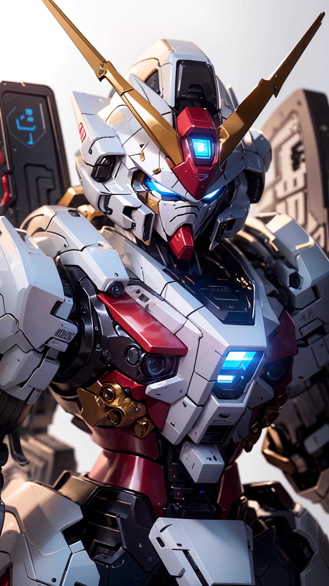 BJ_Gundam, solo, blue_eyes, holding, weapon, holding_weapon, no_humans, glowing, robot, mecha, science_fiction, open_hand, v-fin,
cinematic lighting,strong contrast,high level of detail,Best quality,masterpiece,White background,<lora:Gundam_Mecha_v3.5(4440):0.7>,