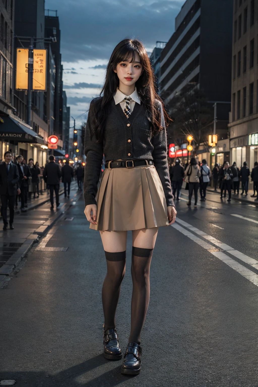 best quality, quality, masterpiece, photorealistic, 1girl, solo, full body, standing, dating attire, sweater jacket, necktie, collared shirt, brown skirt, belt, black thighhighs, detailed background, in street, night, neon light, cityscape, <lora:dating_attire_style2_v2:0.65>