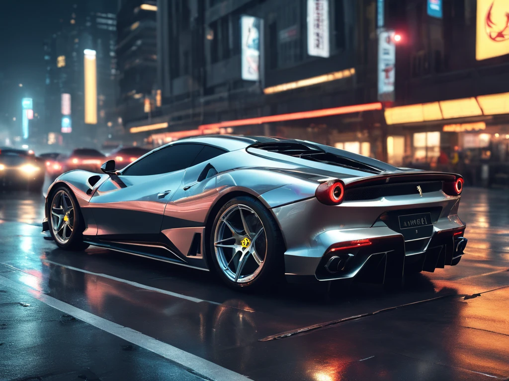 ferrari: 1.2), sports car, silver, (cyberpunk: 2), (sci-fi: 1.8), (night city: 1.6), light rays, metallic, automotive design, arnold render, best quality, ultra high res, photograph, high details, 8k