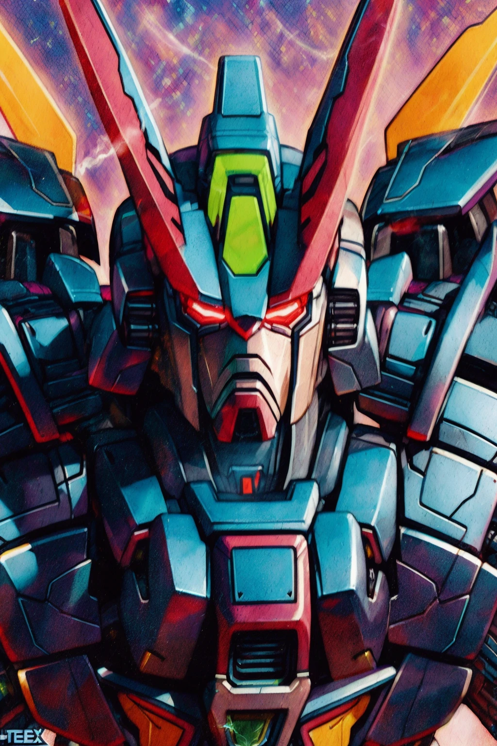 hector trunnec, masterpiece, best quality,  a Gundam mecha, smoke, glowing eyes, standing, bust