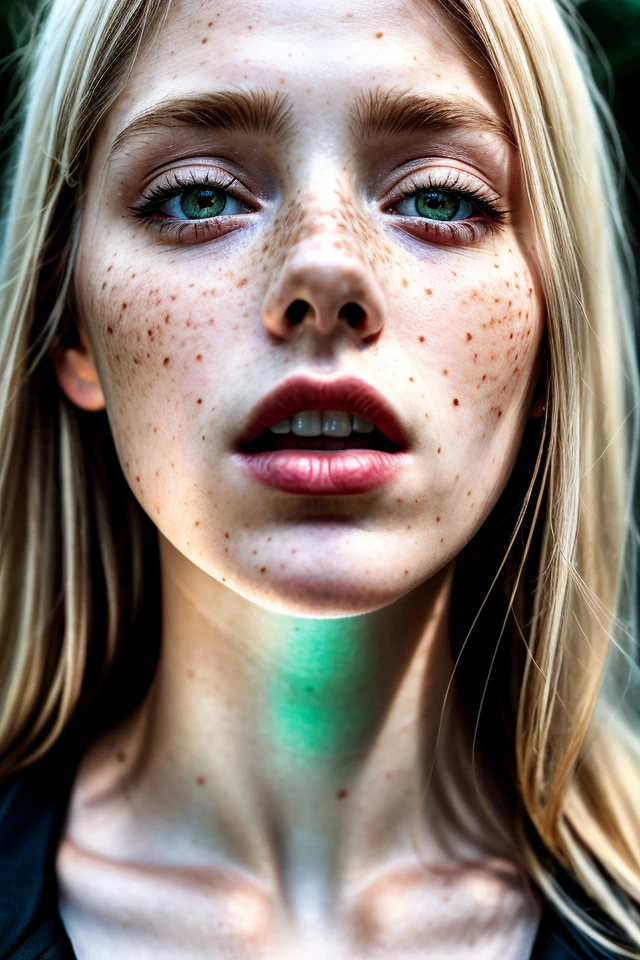 (film grain), (Close-up portrait), open mouth, 8k RAW photo, highest quality, upper body portrait, ((best quality)), sfw, A Woman 18 years old, blonde hair, freckles, pale imperfect skin, cinematic epic, insanely detailed, ((masterpiece)), absurdres, HDR,