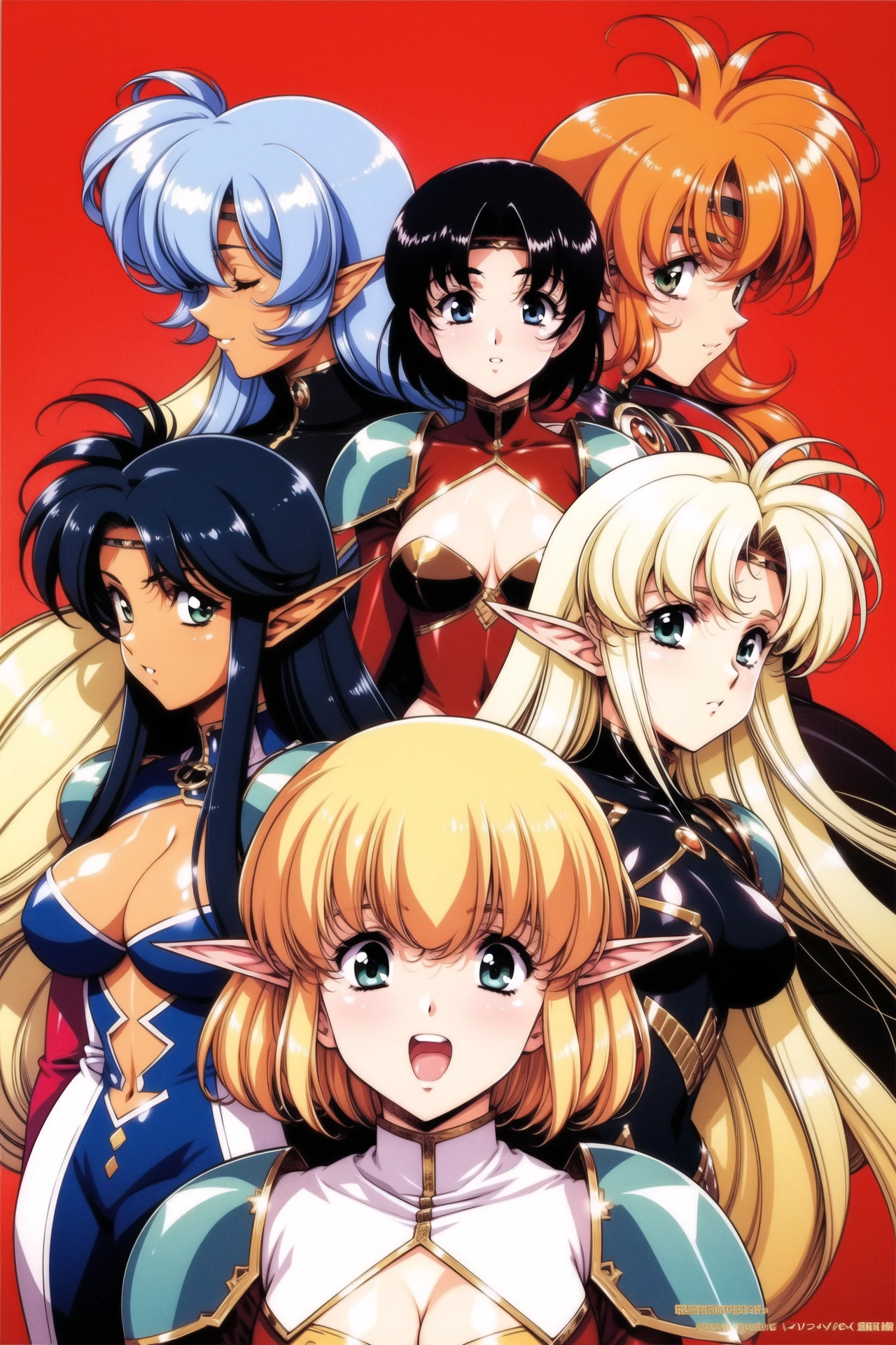 multiple girls, pointy ears, breasts, blue eyes, blonde hair, armor, closed eyes, long hair, retro artstyle, cleavage, shoulder armor, 5girls, navel, orange hair, open mouth, pauldrons, 1990s (style), headband, smile, circlet, dark skin, jewelry, blue hair, dark-skinned female, looking at viewer, underboob, short hair, large breasts, medium breasts, green eyes, elf,<lora:Urushihara Satoshi_v3:0.8>