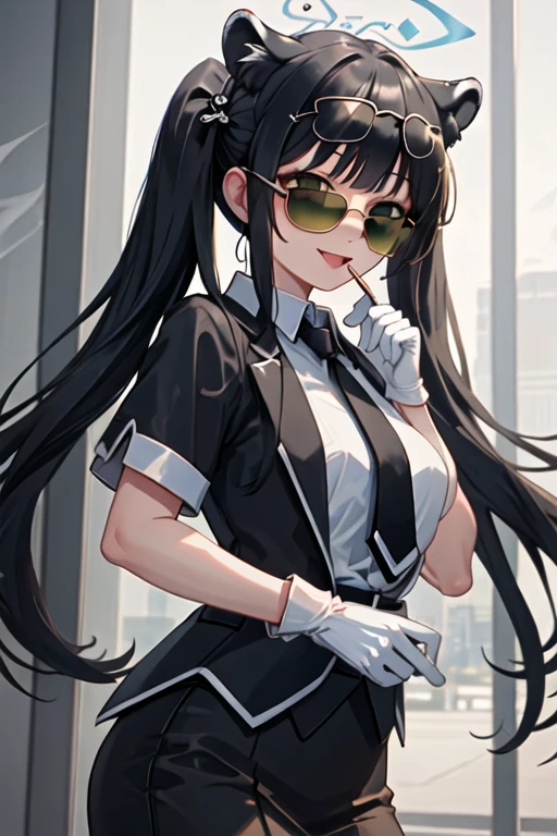 best quality, masterpiece, highres, solo, {black business suit:1.40}, {tie:1.20}, {sunglasses:1.25}, {white gloves:1.15}, {white shirt:1.10}, {black skirt:1.15}, {smoking:1.20}, handsome, {shun_bluearchive:1.15}, animal_ears, black_hair, bangs, long_hair, green_eyes, tiger_ears, animal_ear_fluff, blush, halo, smile, twintails, tiger_girl, open_mouth, hair_ornament