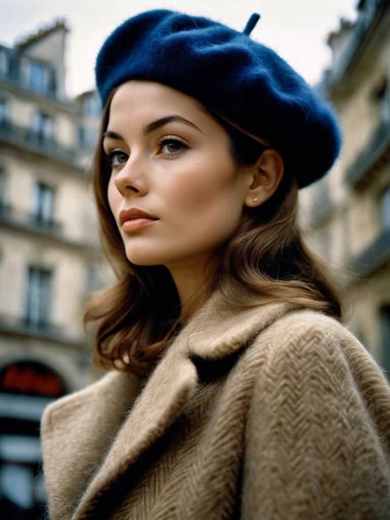 low angle of stunning 25 year old woman wearing a beret and mohair jacket in 1969 Paris, looking away from camera, portrait taken by David Lazar, portrait by Joel Santos, Portrait by Steve McCurry