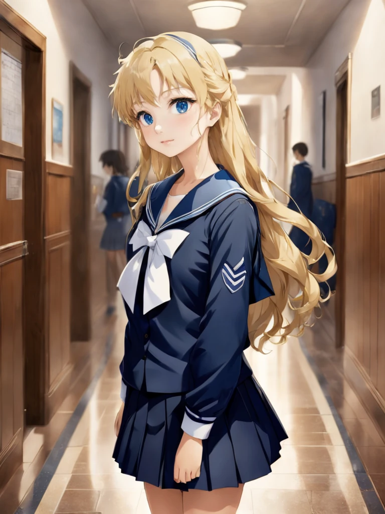 (anime), (illustration), cartoon, detailed, illustration, soothing tones, calm colors, masterpiece, best quality, 1girl, school uniform, blue sailor collar, school hallway, long hair, wavy hair, blonde hair,, masterpiece, best quality, highly detailed, <lora:ClearHand-V2:1>, <lora:diffbrushSDXL:1>