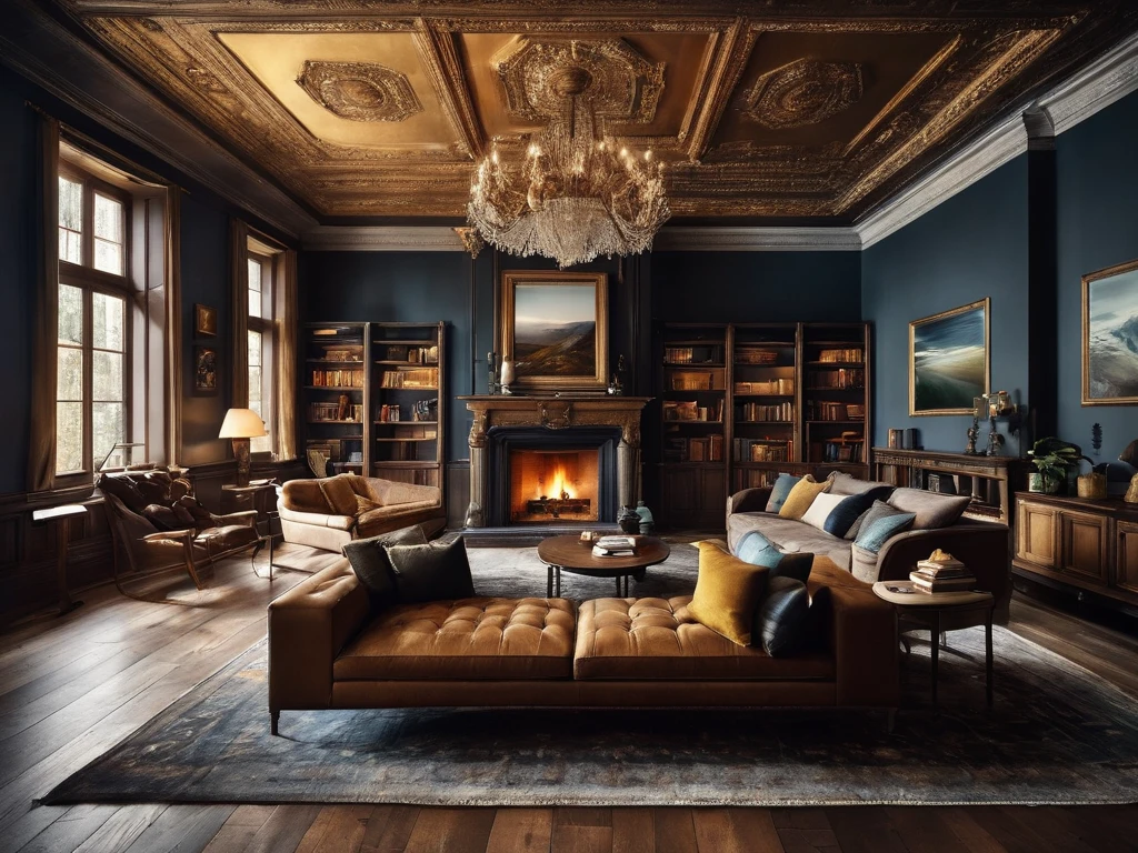photograph by Max Rive, A striking living room interior, sofa furniture, a living room table, bookshelves, shelving, a fireplace, elegant interior design, perfect layout, consistent colors, moody, hazy, cinematic, surreal, highest resolution, high detail, intricate, best quality, masterpiece, golden ratio