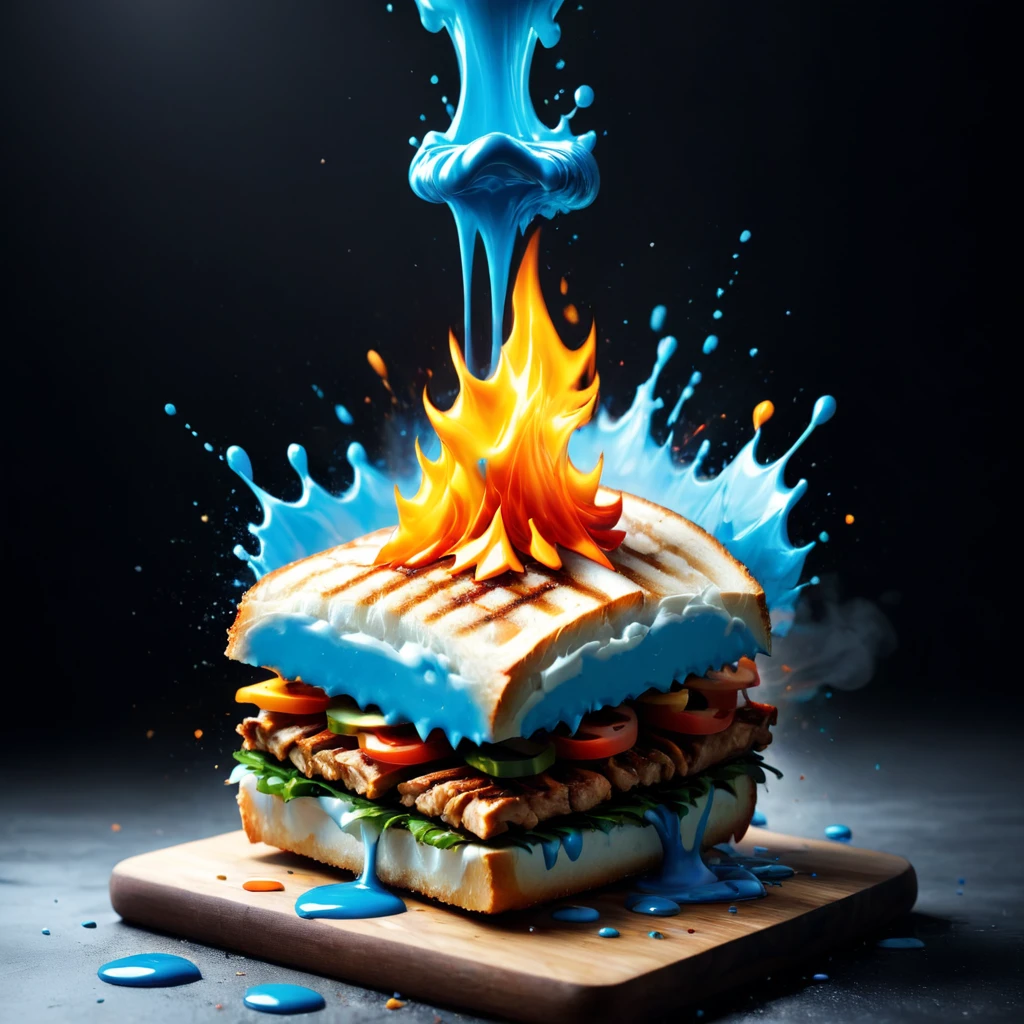 Retro game art <lora:FF.67.galaxytimemachinesGTM_xlplusV10.lora:1> flames and ice in a glass with a blue liquid inside,boiling imagination in a bowl,ice and fire,fire and ice,by Adam MarczyÅski,fire and water,orange fire/blue ice duality!,by Jacob Kainen,liquid fire,by Sebastian Spreng,fantasy art behance,by derek zabrocki,blue fireball,a grilled sandwich with meat and vegetables on a wooden board,pulled pork sandwich,sandwich,high quality food photography,chicken sandwich,close up food photography,one sandwich with fried tofu,smoked layered,professional food photo,food photo,inspired by Reuben Tam,super realistic food picture,thick impasto,styled food photography,professional food photography,cheesy,arafed box exploding with colorful smoke and fire coming out of it,explosion of data fragments,exploding background,realistic explosion,3d digital art 4k,fire and explosion,explosion,background explosion,cinema 4 d art,shattering,beeple. hyperrealism,explosion background,rendered in cinema 4 d,rendered in cinema4d,explosive background, a close up of a colorful splash of paint on a black background, paint splash, splashes of color, paint splashes, splashes of colors, color explosion, color ink explosion, color splashes, splash painting, explosion of color, colourful explosion, acrylic paint splashes, paint splashes and splatter, splash of color, paint drops, paint splatter, black background, no humans, paint, simple background, still life, liquid, splatter, water, melting, colorful, dripping, artist name, shiny, grey background, <lora:FF.72.endjourneyXL_v11.lora:0.69>,(by Artist Paul Signac:1.3),(Remodernism:1.3) . 16-bit, vibrant colors, pixelated, nostalgic, charming, fun