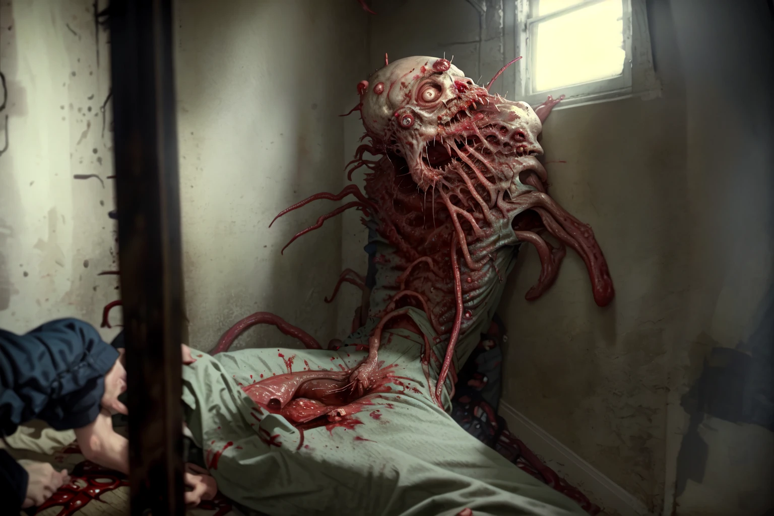 reelhorror, <lora:Reel_WHorror_Rework_v1_2:1> 1girl, humanoid, dismembered body, spider legs, looking at viewer, short hair, lying, pants, bag, blood, tentacles, monster, injury, blood on face, realistic, death, corpse, messy, interior, trash, pov scene, pov, horror (8K, best quality, masterpiece:1.2), ultra-detailed (grainy:0.2)