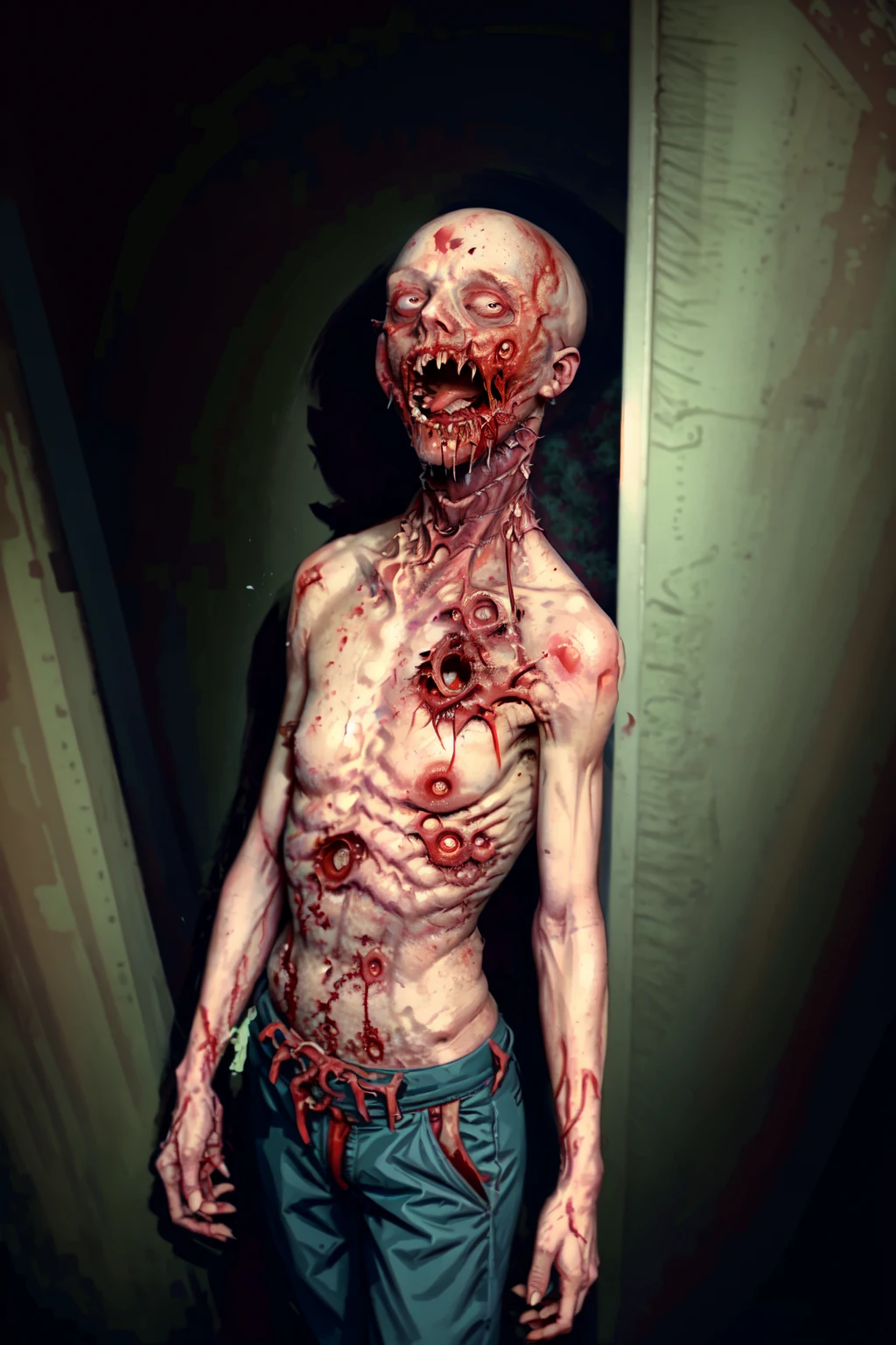 reelhorror, <lora:Reel_WHorror_Rework_v1_2:1> 1girl, humanoid, dismembered body, spider legs, looking at viewer, short hair, lying, pants, bag, blood, tentacles, monster, injury, blood on face, realistic, death, corpse, messy, interior, trash, pov scene, pov, horror (8K, best quality, masterpiece:1.2), ultra-detailed (grainy:0.2)