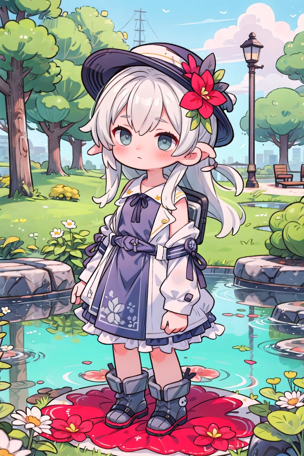 1girl,  park,  dress,  flower,  grey hair,  hat,  kantai collection,  long hair