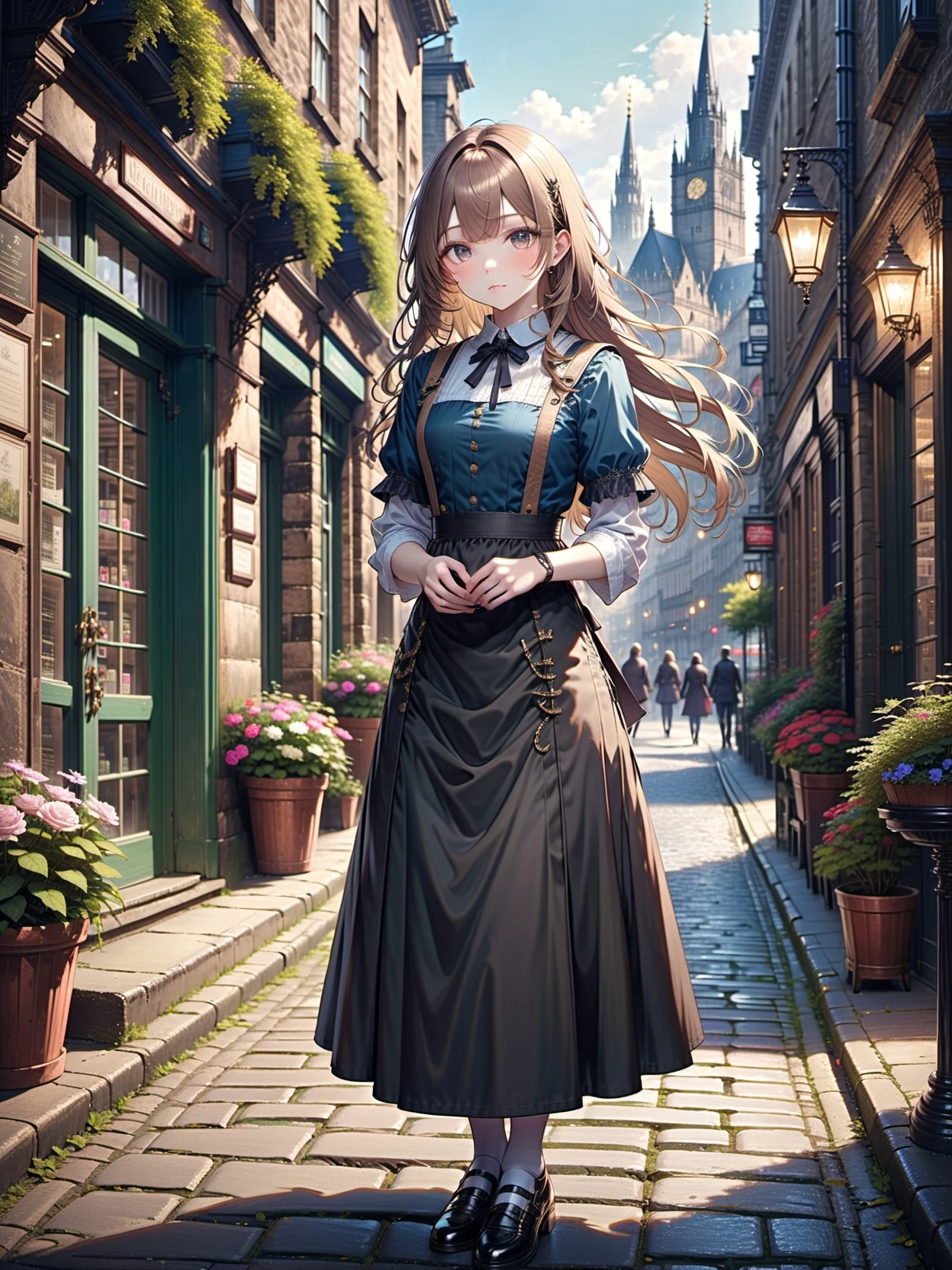 1girl,victorian uniform waist apron high-heeled shoes,light brown hair,very long hair,asymmetrical hair, ringlets hair, blunt bangs bangs,ancient Edinburgh city daytime,