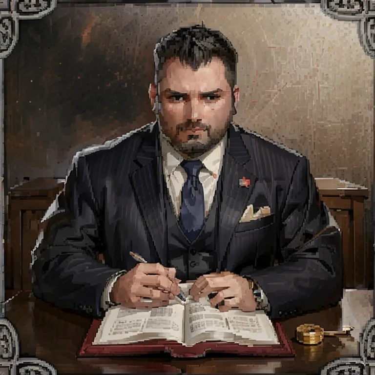 <lora:Dark and Darker Portraits V1:0.75> dark_and_darker_game_portrait_style, vendor, fantasy portrait, small_border, frame, detailed_painting, low_resolution, simple background, male, middle aged man, Lawyer, black hair, nice suit, well dressed, masterpiece, highest quality, highest quality visuals, highest details