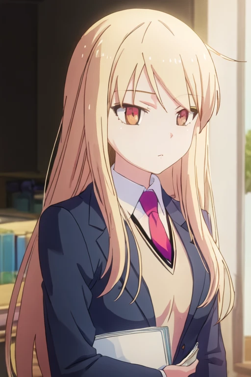 best quality, masterpiece, highres, solo, {shiina_mashiro_sakurasounopetnakanojo:1.15}, blonde_hair, long_hair, red_eyes, brown_eyes, 1girl, blazer, jacket, necktie, school_uniform, solo_focus